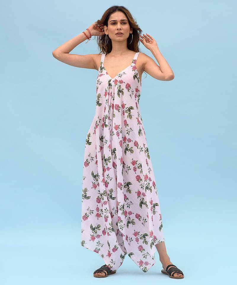 Pink & berry floral & abstract printed linen palazzo jumpsuit mother daughter matching combo