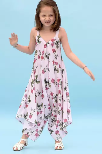 Pink & berry floral & abstract printed linen palazzo jumpsuit mother daughter matching combo