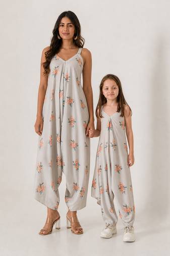 Pista green abstract & floral printed cotton palazzo jumpsuit mother daughter matching combo