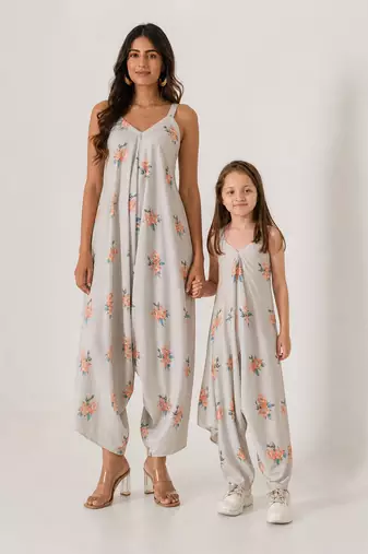 Pista green abstract & floral printed cotton palazzo jumpsuit mother daughter matching combo