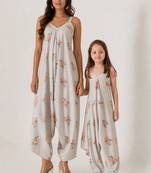 Pista green abstract & floral printed cotton palazzo jumpsuit mother daughter matching combo