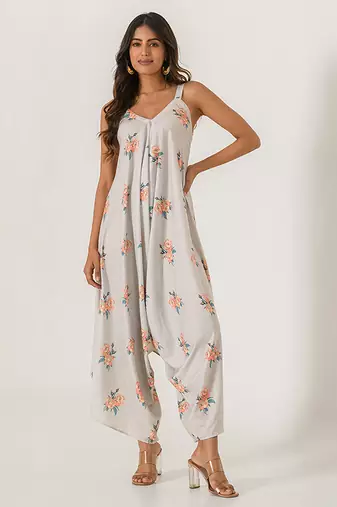 Pista green abstract & floral printed cotton palazzo jumpsuit mother daughter matching combo