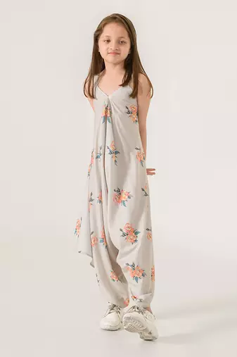 Pista green abstract & floral printed cotton palazzo jumpsuit mother daughter matching combo