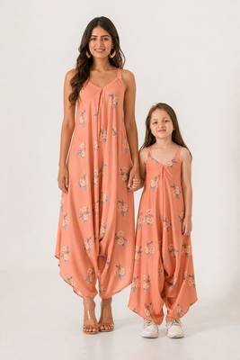 Scarlet orange abstract & floral printed cotton palazzo jumpsuit mother daughter matching combo 1
