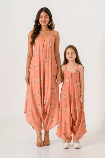 Scarlet orange abstract & floral printed cotton palazzo jumpsuit mother daughter matching combo