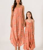 Scarlet orange abstract & floral printed cotton palazzo jumpsuit mother daughter matching combo