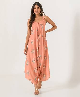 Scarlet orange abstract & floral printed cotton palazzo jumpsuit mother daughter matching combo 2