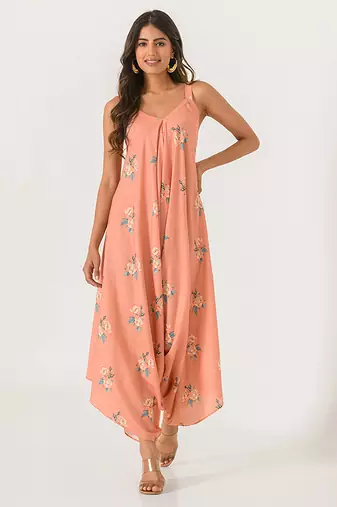 Scarlet orange abstract & floral printed cotton palazzo jumpsuit mother daughter matching combo