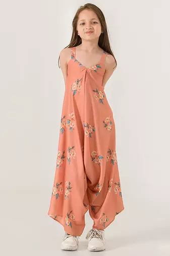 Scarlet orange abstract & floral printed cotton palazzo jumpsuit mother daughter matching combo