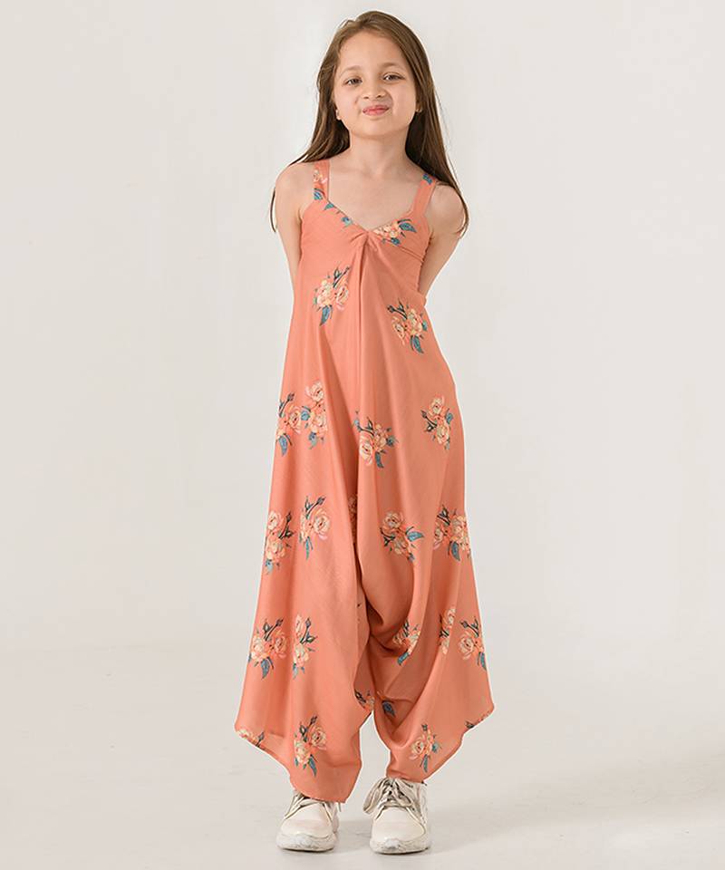 Scarlet orange abstract & floral printed cotton palazzo jumpsuit mother daughter matching combo