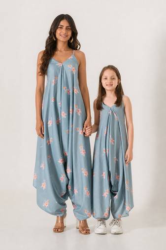 Aqua & blue abstract & floral printed cotton palazzo jumpsuit mother daughter matching combo