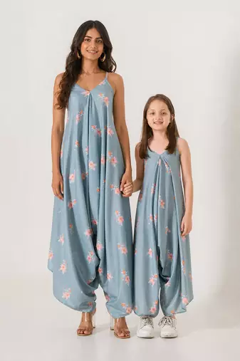 Aqua & blue abstract & floral printed cotton palazzo jumpsuit mother daughter matching combo