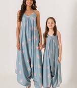 Aqua & blue abstract & floral printed cotton palazzo jumpsuit mother daughter matching combo