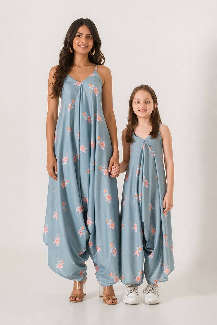 Aqua & blue abstract & floral printed cotton palazzo jumpsuit mother daughter matching combo
