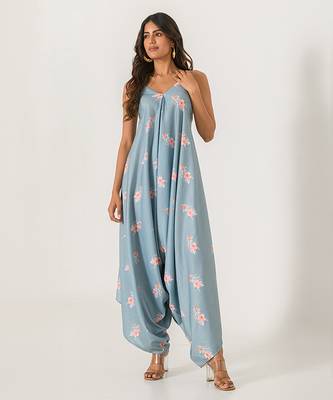 Aqua & blue abstract & floral printed cotton palazzo jumpsuit mother daughter matching combo 2