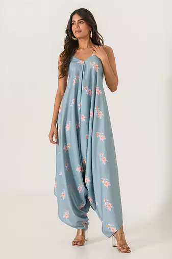 Aqua & blue abstract & floral printed cotton palazzo jumpsuit mother daughter matching combo