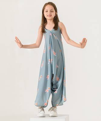 Aqua & blue abstract & floral printed cotton palazzo jumpsuit mother daughter matching combo 3