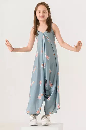 Aqua & blue abstract & floral printed cotton palazzo jumpsuit mother daughter matching combo