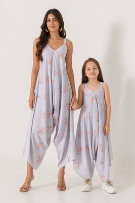 Slate grey abstract & floral printed cotton palazzo jumpsuit mother daughter matching combo 1