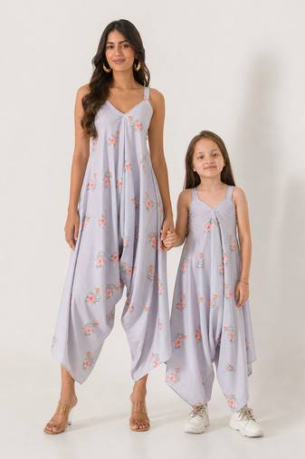 Slate grey abstract & floral printed cotton palazzo jumpsuit mother daughter matching combo