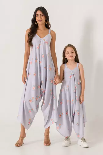 Slate grey abstract & floral printed cotton palazzo jumpsuit mother daughter matching combo