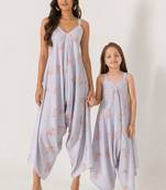 Slate grey abstract & floral printed cotton palazzo jumpsuit mother daughter matching combo