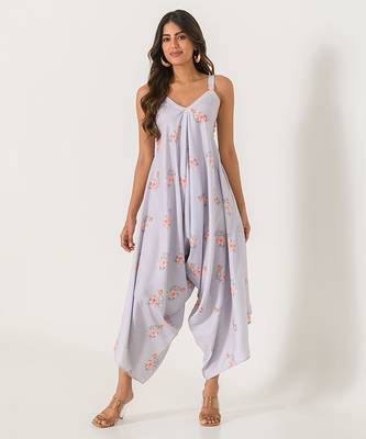 Slate grey abstract & floral printed cotton palazzo jumpsuit mother daughter matching combo 2