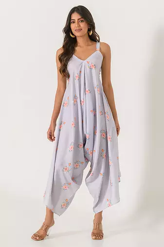 Slate grey abstract & floral printed cotton palazzo jumpsuit mother daughter matching combo
