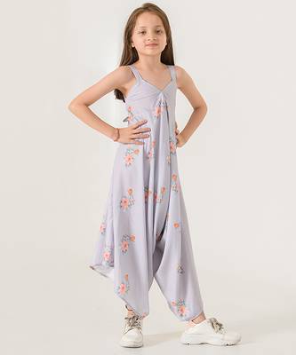 Slate grey abstract & floral printed cotton palazzo jumpsuit mother daughter matching combo 3