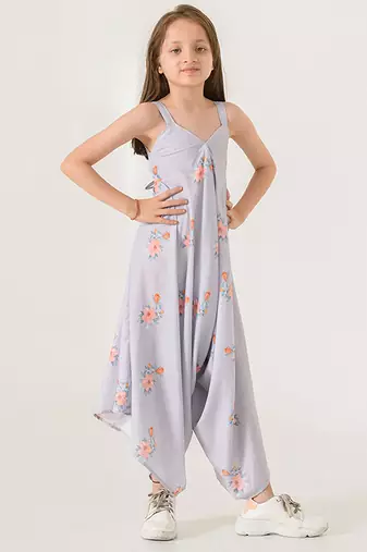 Slate grey abstract & floral printed cotton palazzo jumpsuit mother daughter matching combo