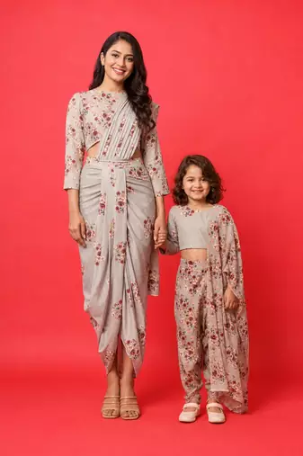 Green floral printed linen saree mother daughter matching combo