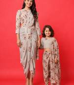 Green floral printed linen saree mother daughter matching combo