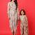 Green floral printed linen saree mother daughter matching combo