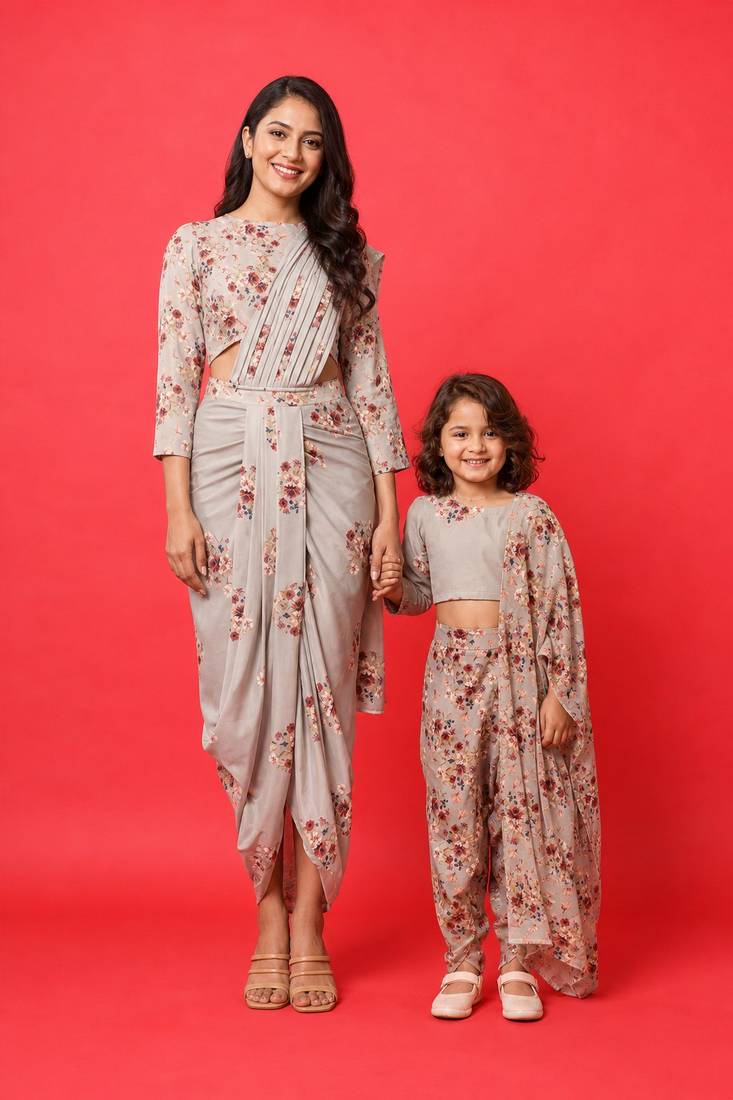 Green floral printed linen saree mother daughter matching combo