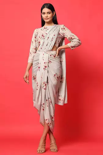 Green floral printed linen saree mother daughter matching combo