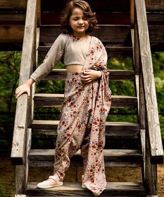 Green floral printed linen saree mother daughter matching combo 3