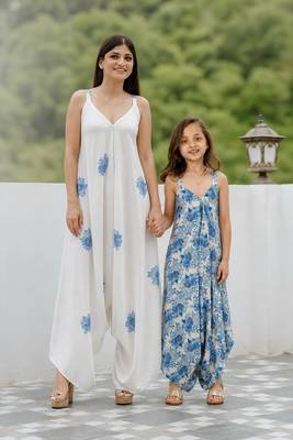 Seashell cream, cream & blue floral printed cotton palazzo jumpsuit mother daughter matching combo 1