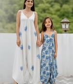 Seashell cream, cream & blue floral printed cotton palazzo jumpsuit mother daughter matching combo