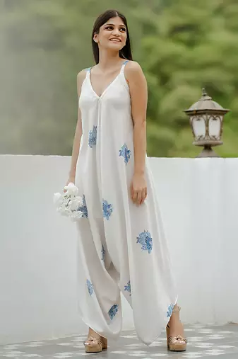 Seashell cream, cream & blue floral printed cotton palazzo jumpsuit mother daughter matching combo