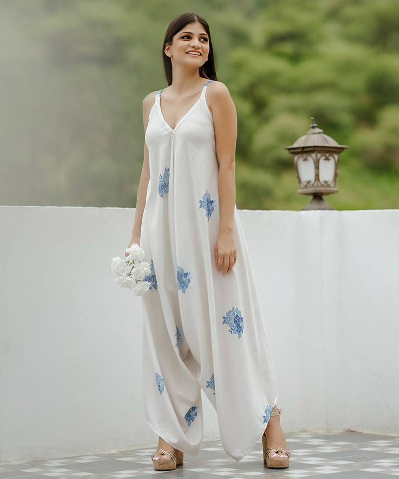 Seashell cream, cream & blue floral printed cotton palazzo jumpsuit mother daughter matching combo