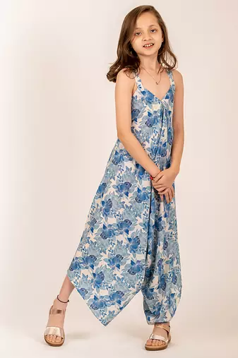 Seashell cream, cream & blue floral printed cotton palazzo jumpsuit mother daughter matching combo