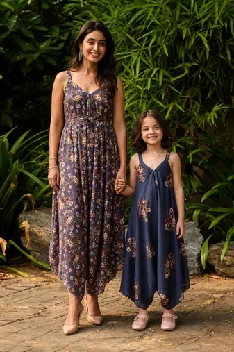 Persian blue hand printed linen palazzo jumpsuit mother daughter matching combo
