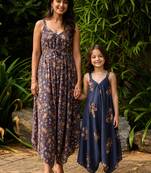Persian blue hand printed linen palazzo jumpsuit mother daughter matching combo