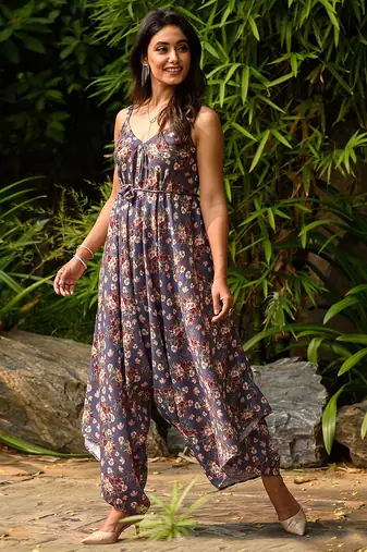 Persian blue hand printed linen palazzo jumpsuit mother daughter matching combo
