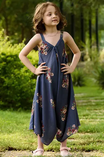 Persian blue hand printed linen palazzo jumpsuit mother daughter matching combo