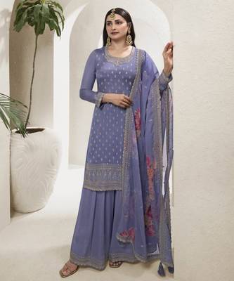 Lavender viscose semi stitched suit with embroidery & sequence work 1