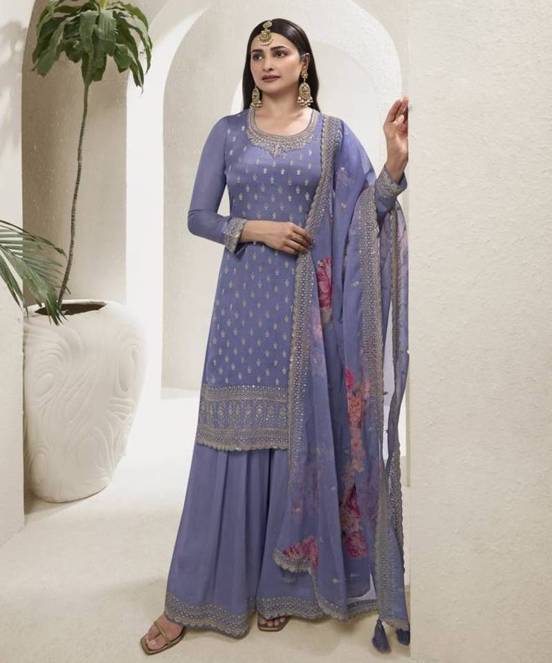 Lavender viscose semi stitched suit with embroidery & sequence work
