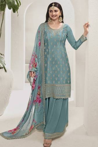 Sky viscose semi stitched suit with embroidery & sequence work
