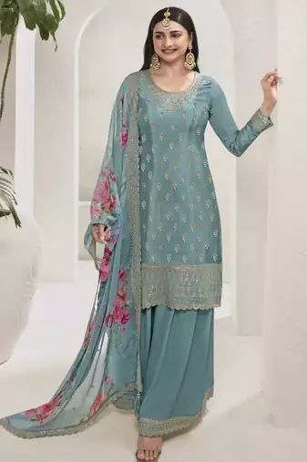 Sky viscose semi stitched suit with embroidery & sequence work