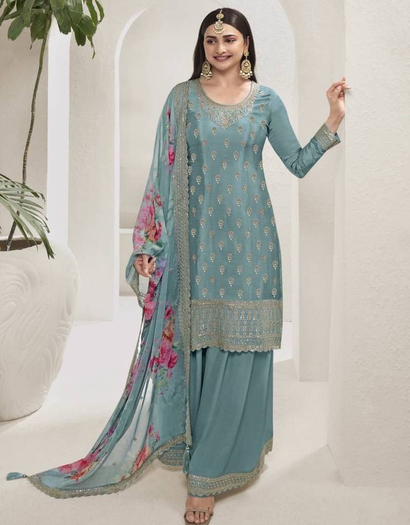 Sky viscose semi stitched suit with embroidery & sequence work